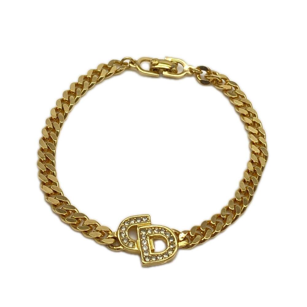 Christian Dior CD Logo Rhinestone Bracelet, Gold GP, Women's